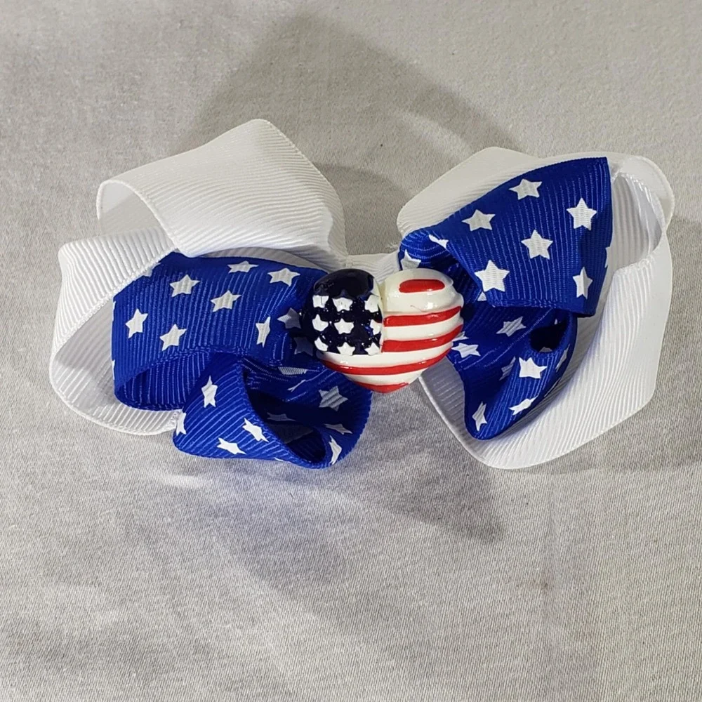 American Flag 4th of July Patriotic 2 Disney & 1 Heart Girls Bows Hair Clips 3Pk